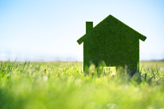 Green ecological house in empty field