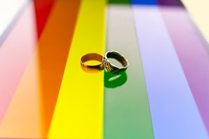 Two rings on the background of the lgbt flag